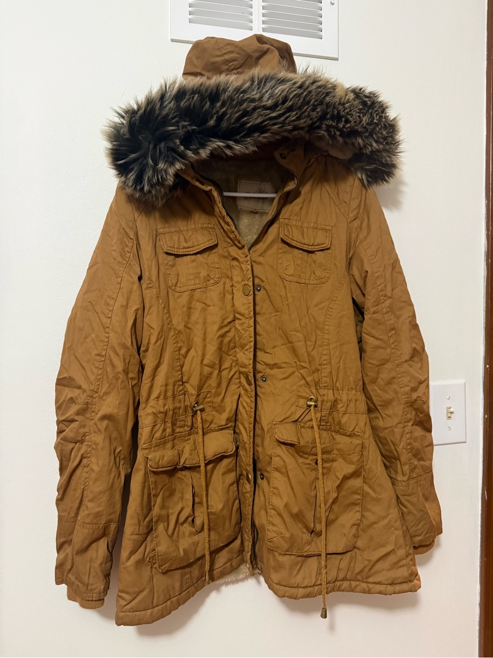 Women's Caramel Utility Parka with Faux Fur Trim